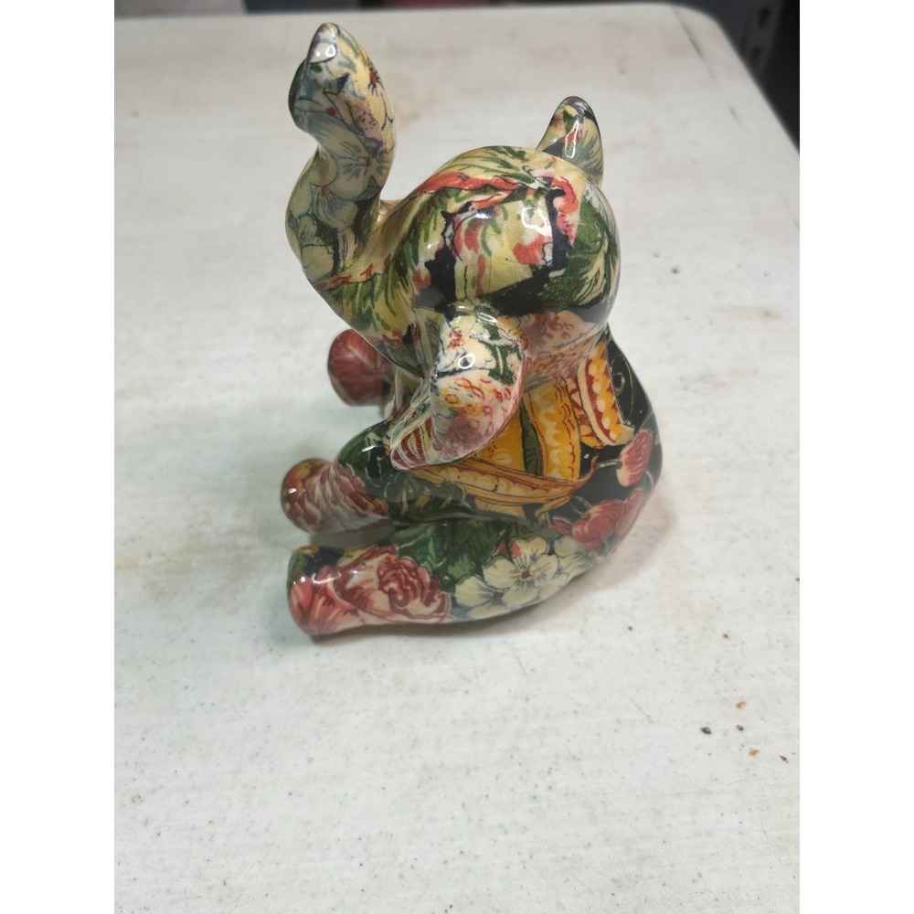 Vintage Decoupage Ceramic Good Luck Elephant Figurine Floral Trunk Up Statue - Picture 2 of 5